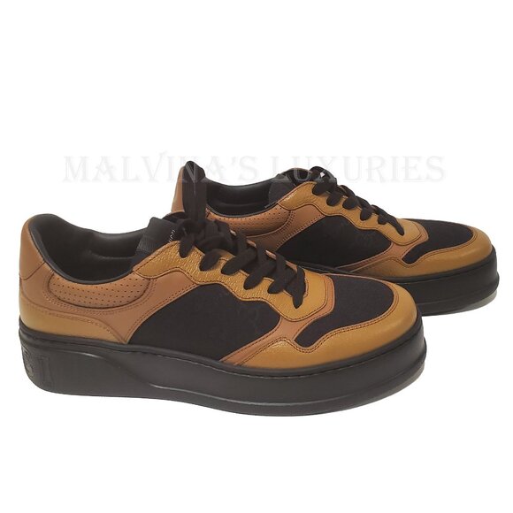 GUCCI MENS SNEAKERS BASKET GG LOGO JACQUARD BROWN LEATHER SHOES sz 10 10.5 US - Picture 4 of 15